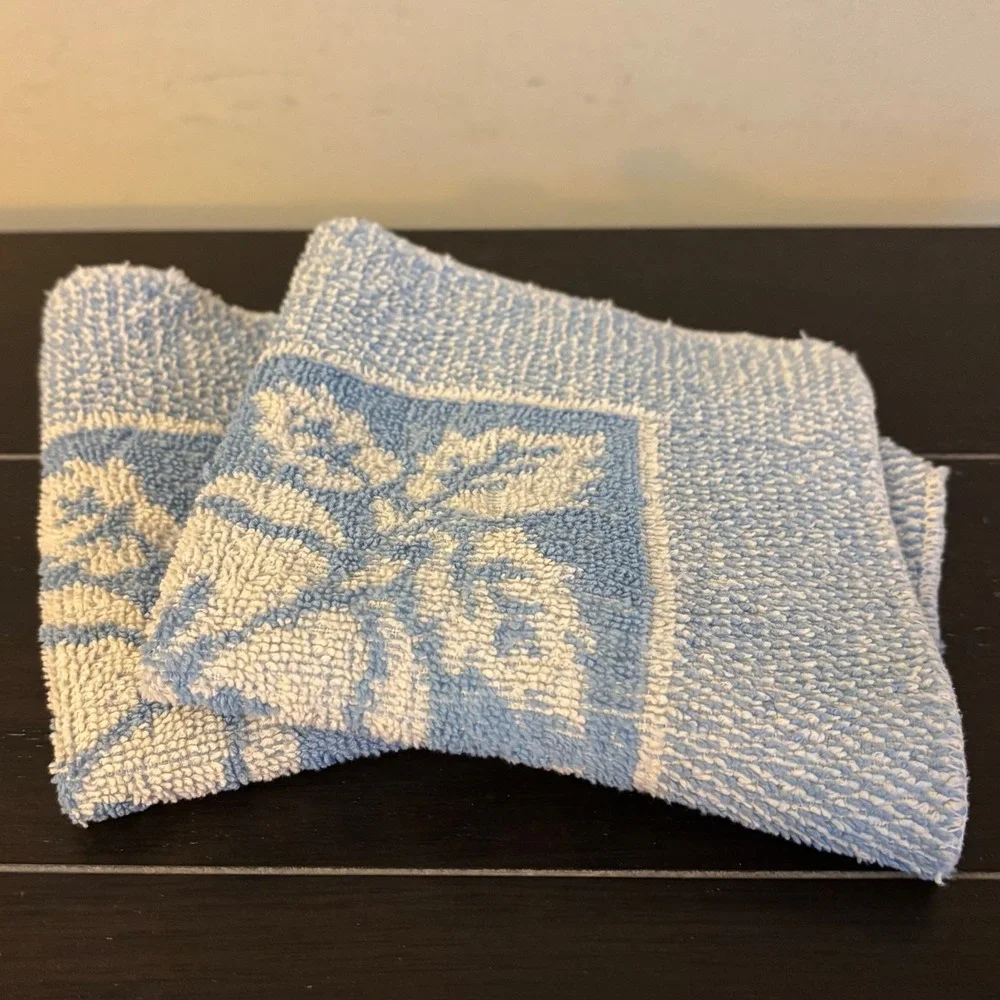 Vintage Martex Washcloths | Set of 2 | Blue White Floral Damask | Cotton | USA
